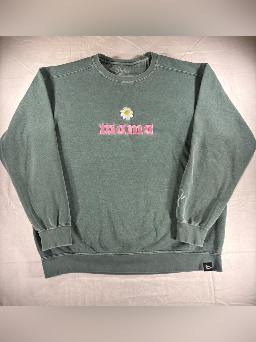 Slyfox Threads Crewneck Sweatshirt Women’s L - Sage with “Mama” Daisy Image